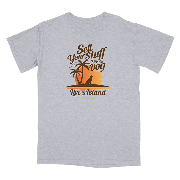 Gray t-shirt with a tropical graphic and text on a white background