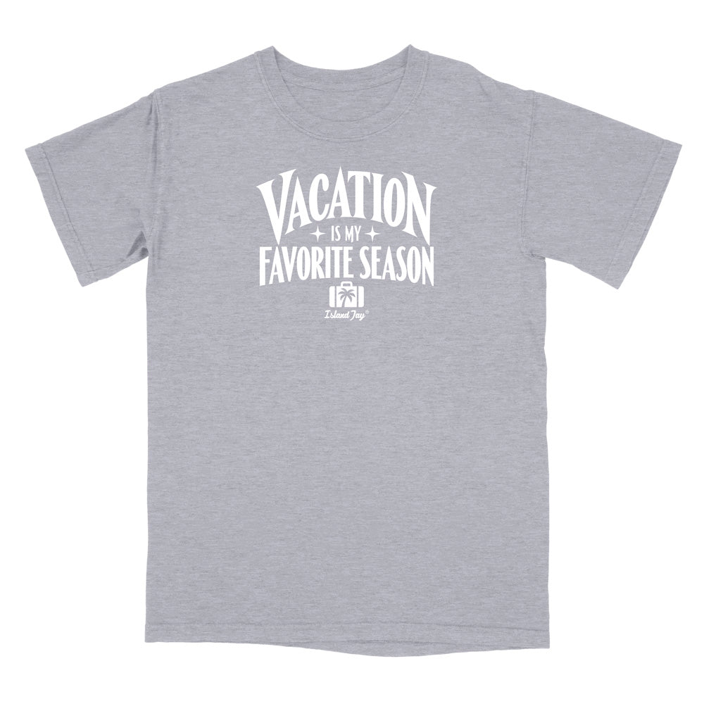 A heather gray short-sleeve t-shirt with a white graphic print on the front that reads 'VACATION IS MY FAVORITE SEASON' with a small 'Summer Trip' logo underneath, displayed on a solid white background.