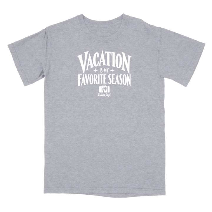 A heather gray short-sleeve t-shirt with a white graphic print on the front that reads 'VACATION IS MY FAVORITE SEASON' with a small 'Summer Trip' logo underneath, displayed on a solid white background.