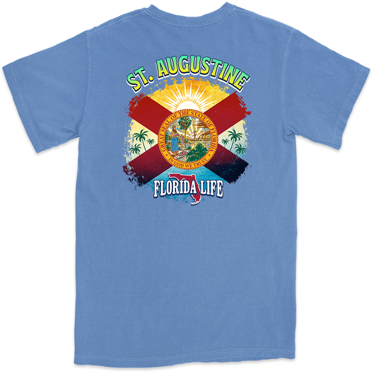 St. Augustine Florida State Flag T-Shirt Flo Blue Color Featuring the Florida State Flag with a vivid print.