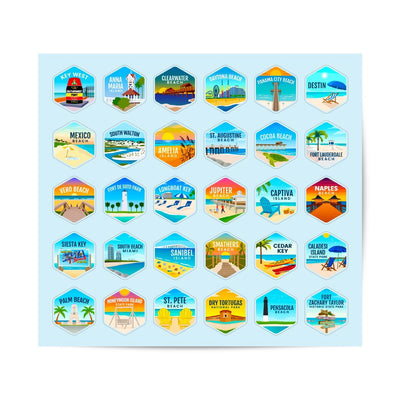 Sticker Sheet For The Florida Beach Towns Water Bottle. Show many popular Florida Beach Towns. Key West, Clearwater Beach, Anna Maria Island, Naples Beach, Honeymoon Island, Cocoa Beach, Daytona Beach, & More
