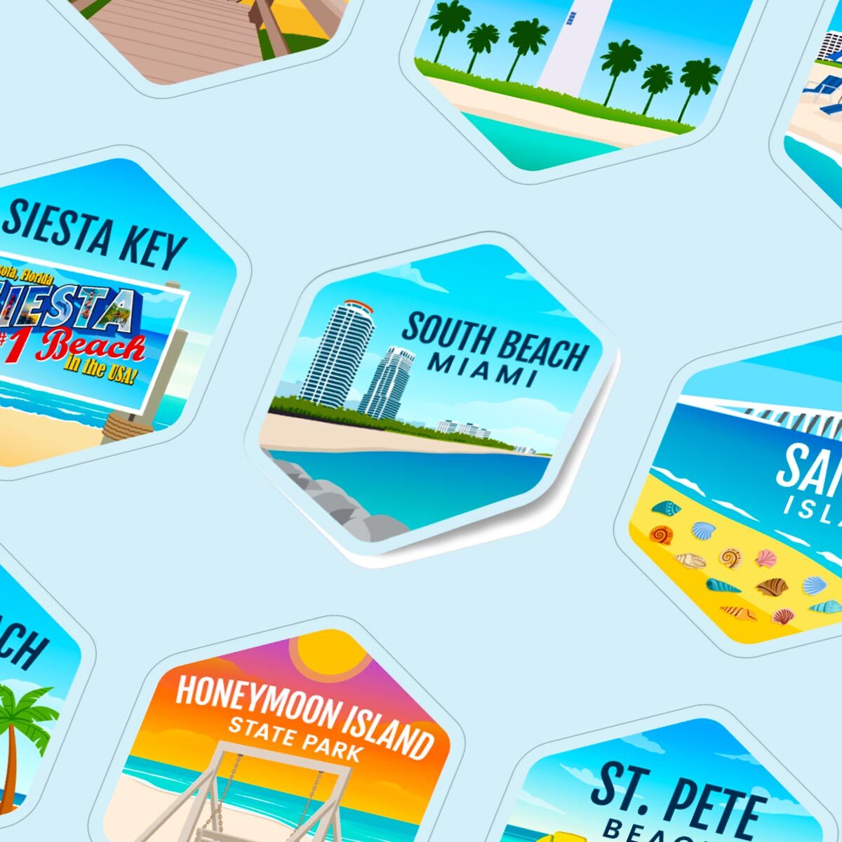 Sticker Sheet Closeup For The Florida Beach Towns Water Bottle. Show many popular Florida Beach Towns. Key West, Clearwater Beach, Anna Maria Island, Naples Beach, Honeymoon Island, Cocoa Beach, Daytona Beach, & More