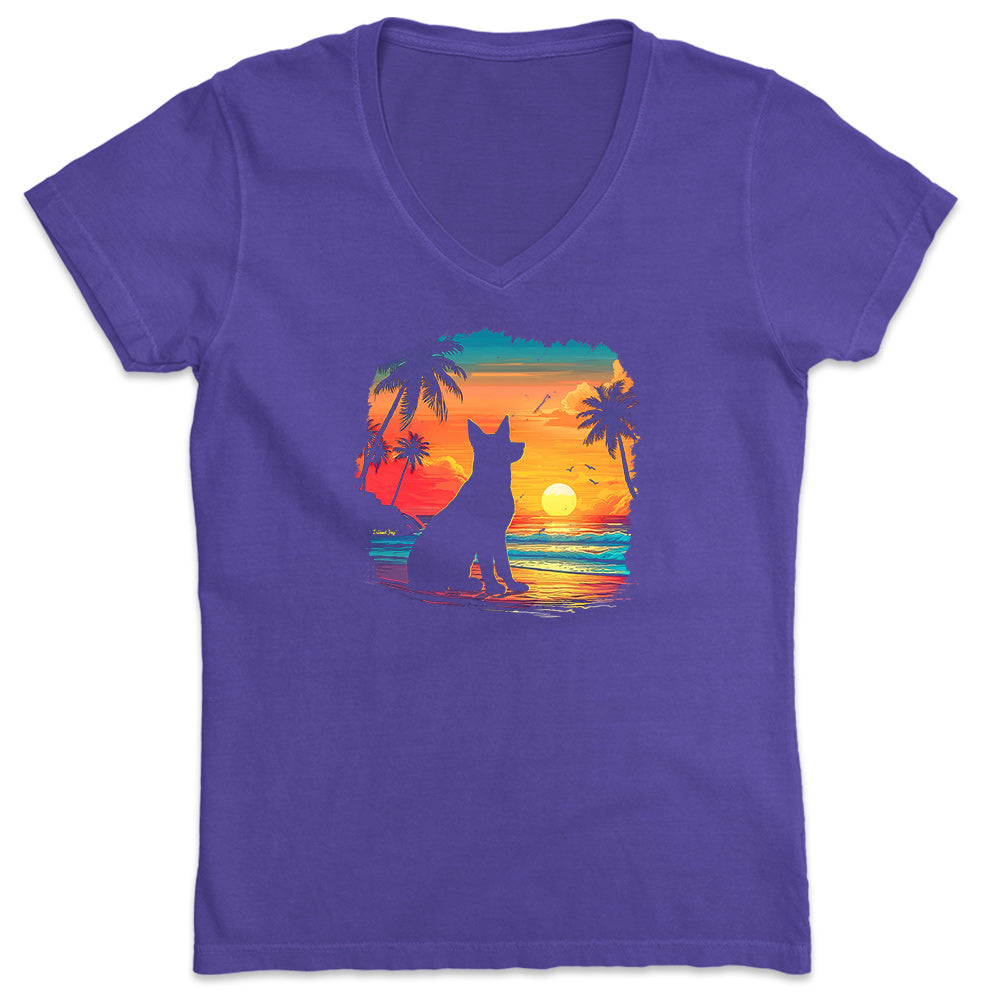 Women's Sunset Beach Dog 2.0 V-Neck T-Shirt Purple