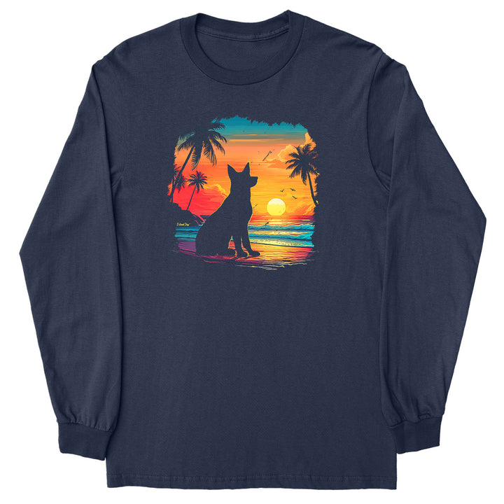 Paws and Palms Sunset Beach Dog Long Sleeve T-Shirt Navy