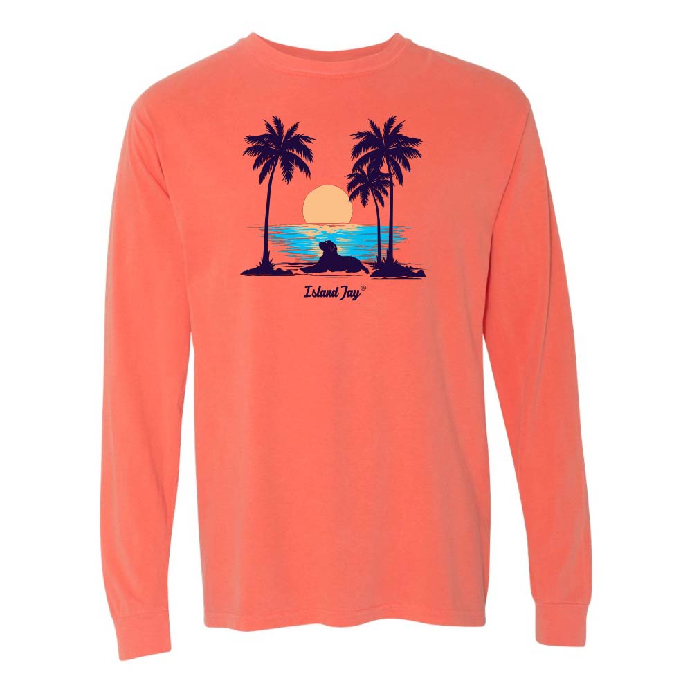 Light Orange Long Sleeve T-Shirt with sunset, dog and palm trees graphic.
