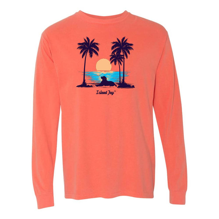 Light Orange Long Sleeve T-Shirt with sunset, dog and palm trees graphic.