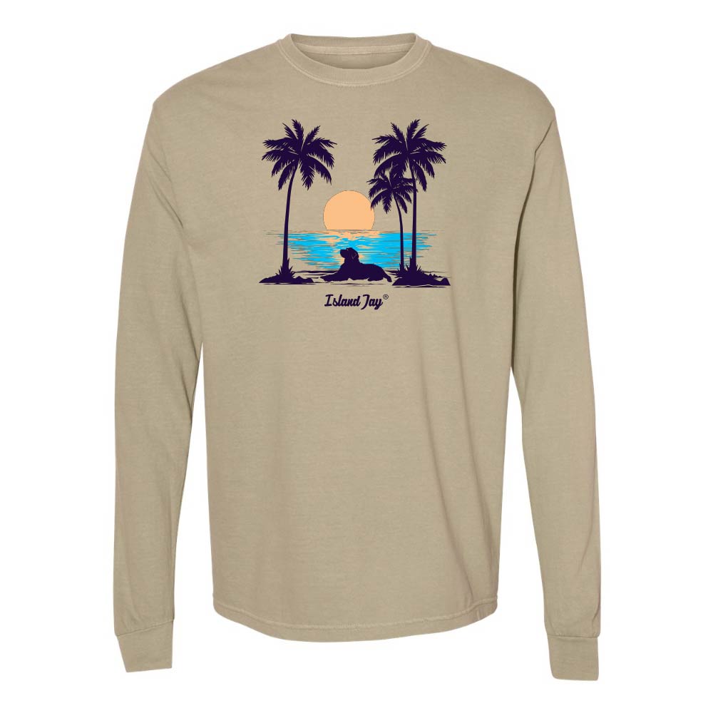 Khaki Long Sleeve T-Shirt with sunset, dog and palm trees graphic.