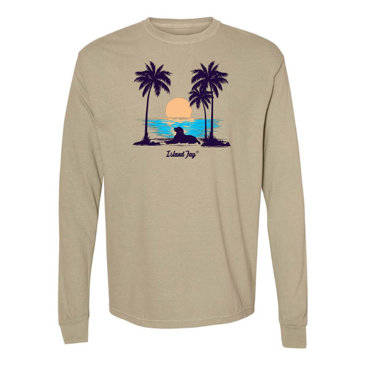 Khaki Long Sleeve T-Shirt with sunset, dog and palm trees graphic.