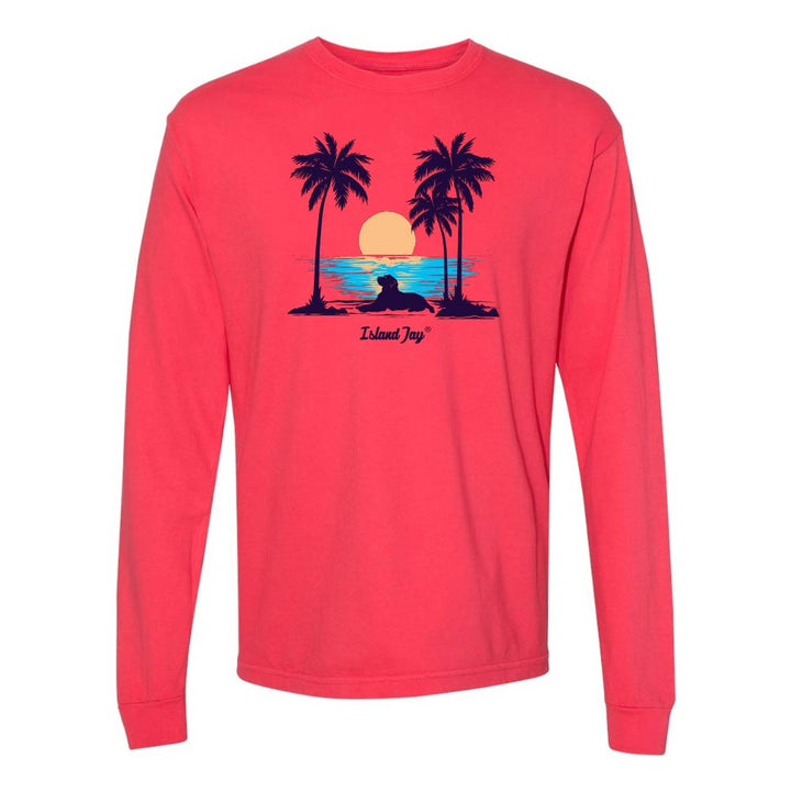 Red Long Sleeve T-Shirt with sunset, dog and palm trees graphic.