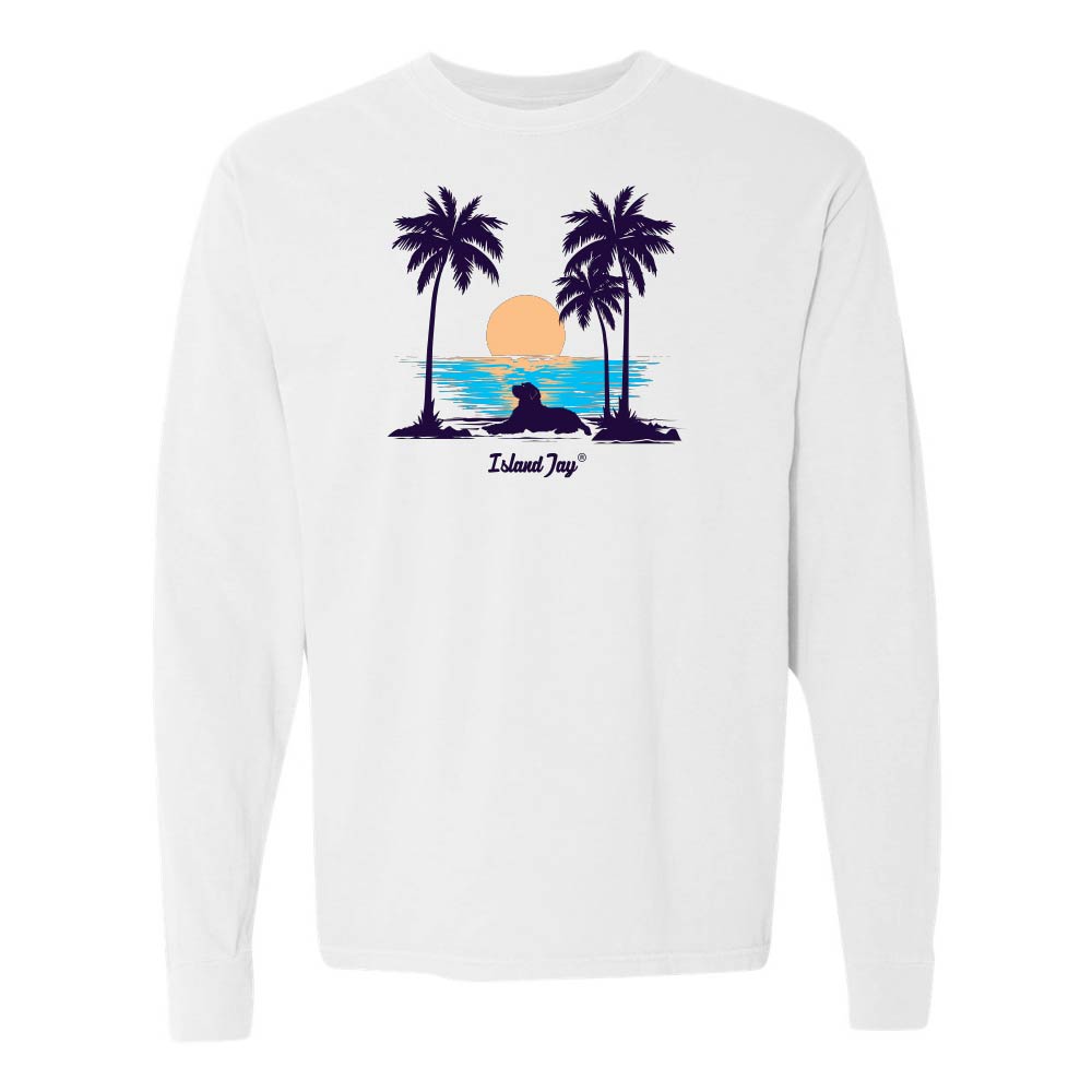 White Long Sleeve T-Shirt with sunset, dog and palm trees graphic.