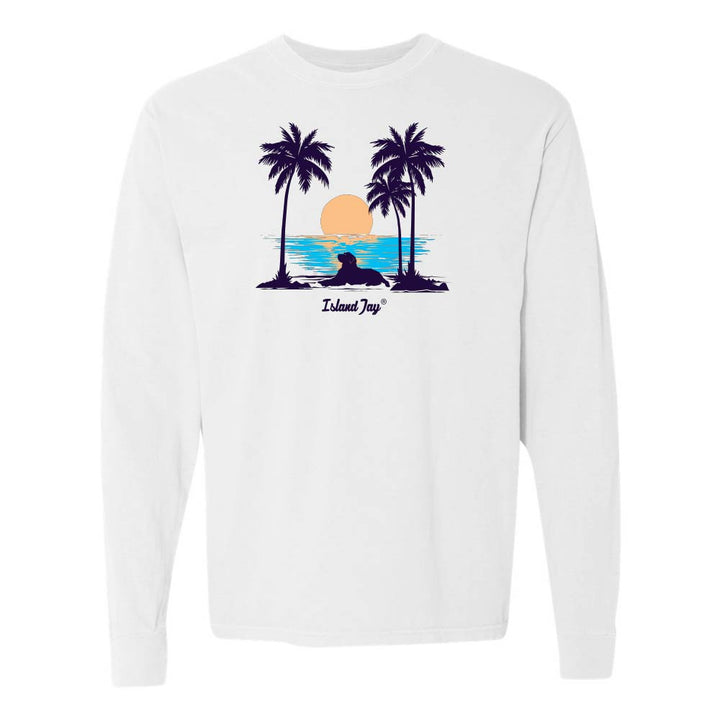 White Long Sleeve T-Shirt with sunset, dog and palm trees graphic.