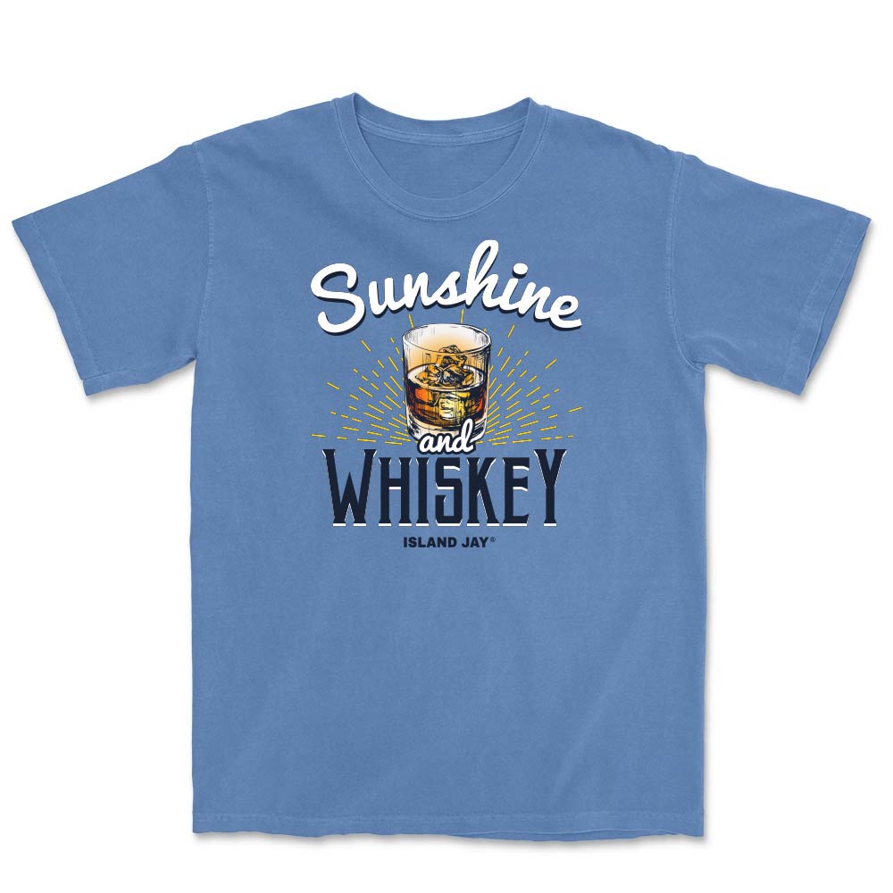 Blue t-shirt with 'Sunshine and Whiskey' graphic and Island Jay branding on a white background