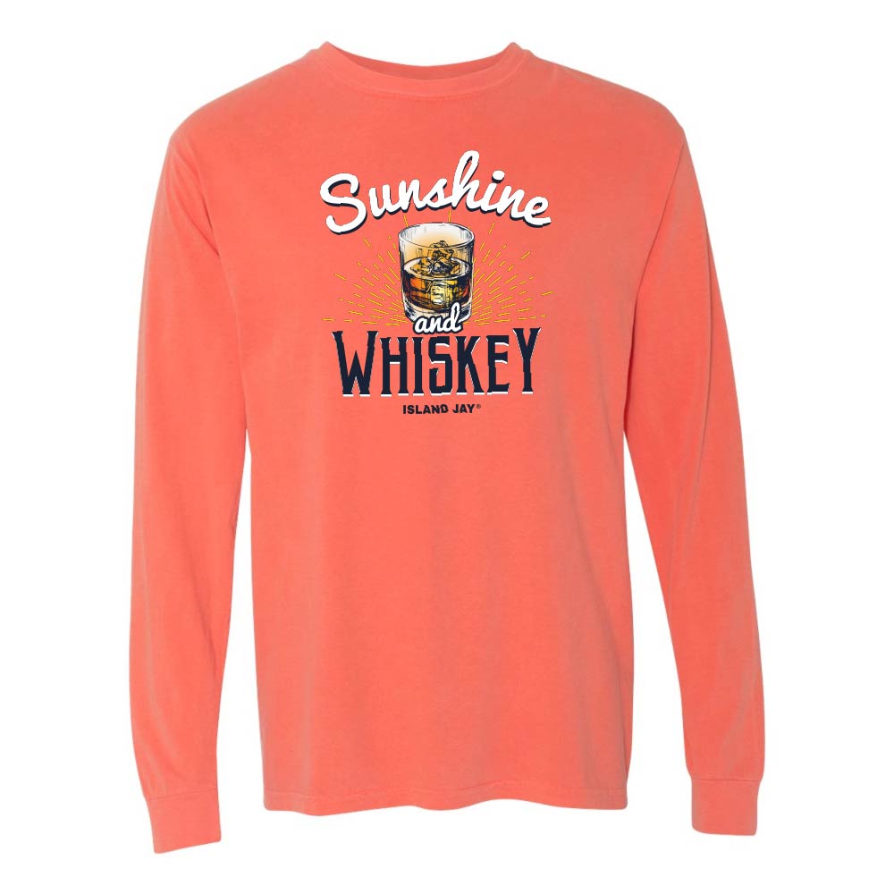 Light orange/red long sleeve t-shirt with 'Sunshine and Whiskey' graphic and text.