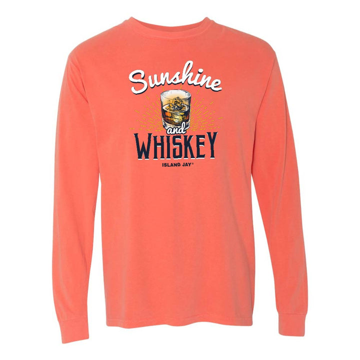 Light orange/red long sleeve t-shirt with 'Sunshine and Whiskey' graphic and text.