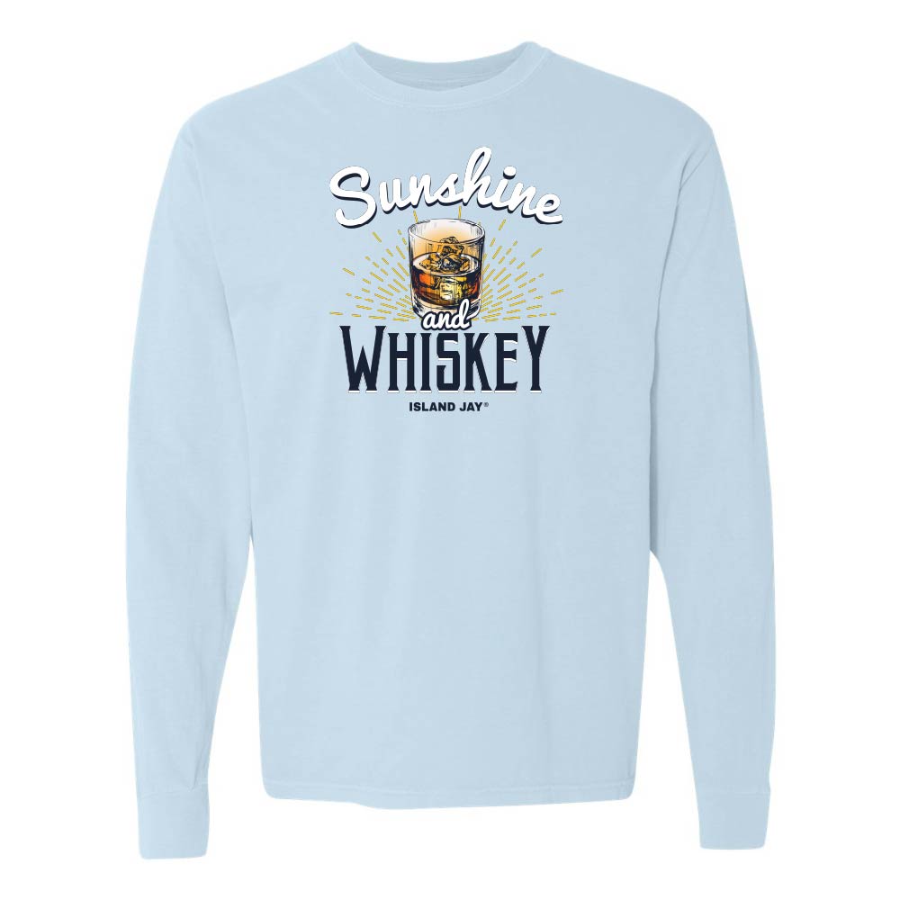 Light blue long sleeve t-shirt with 'Sunshine and Whiskey' graphic and text.