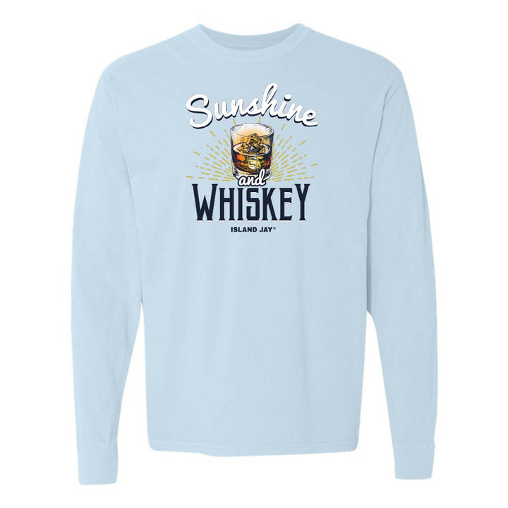 Light blue long sleeve t-shirt with 'Sunshine and Whiskey' graphic and text.