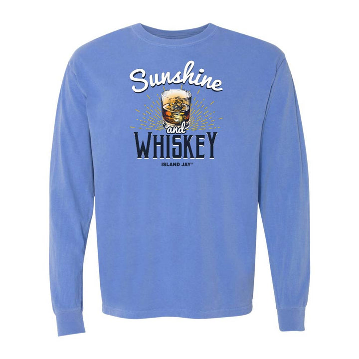 Blue long sleeve t-shirt with 'Sunshine and Whiskey' graphic and text.