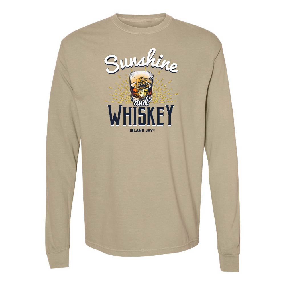 Khaki long sleeve t-shirt with 'Sunshine and Whiskey' graphic and text.