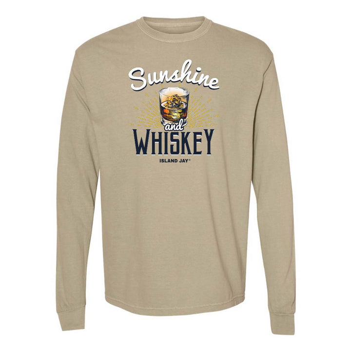 Khaki long sleeve t-shirt with 'Sunshine and Whiskey' graphic and text.