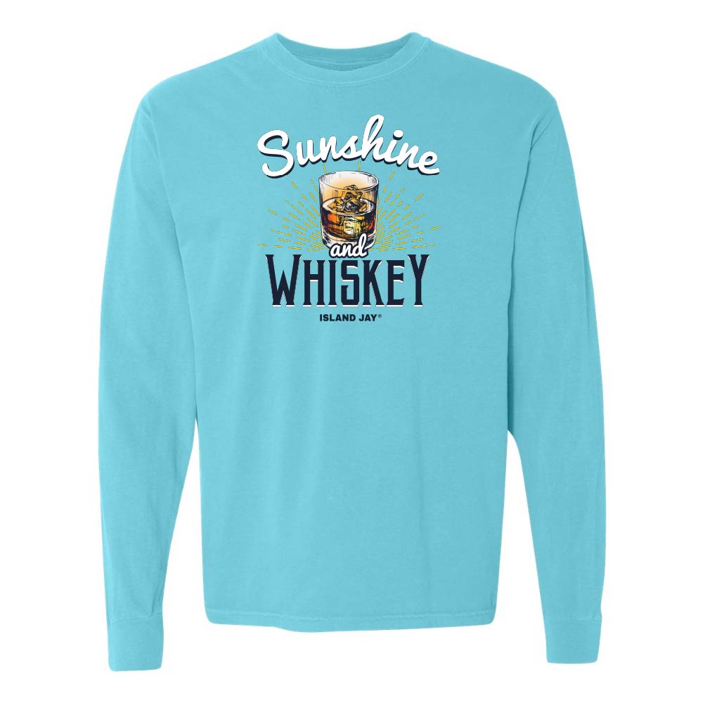 Blue long sleeve t-shirt with 'Sunshine and Whiskey' graphic and text.