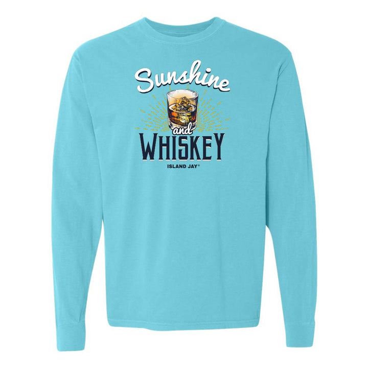 Blue long sleeve t-shirt with 'Sunshine and Whiskey' graphic and text.