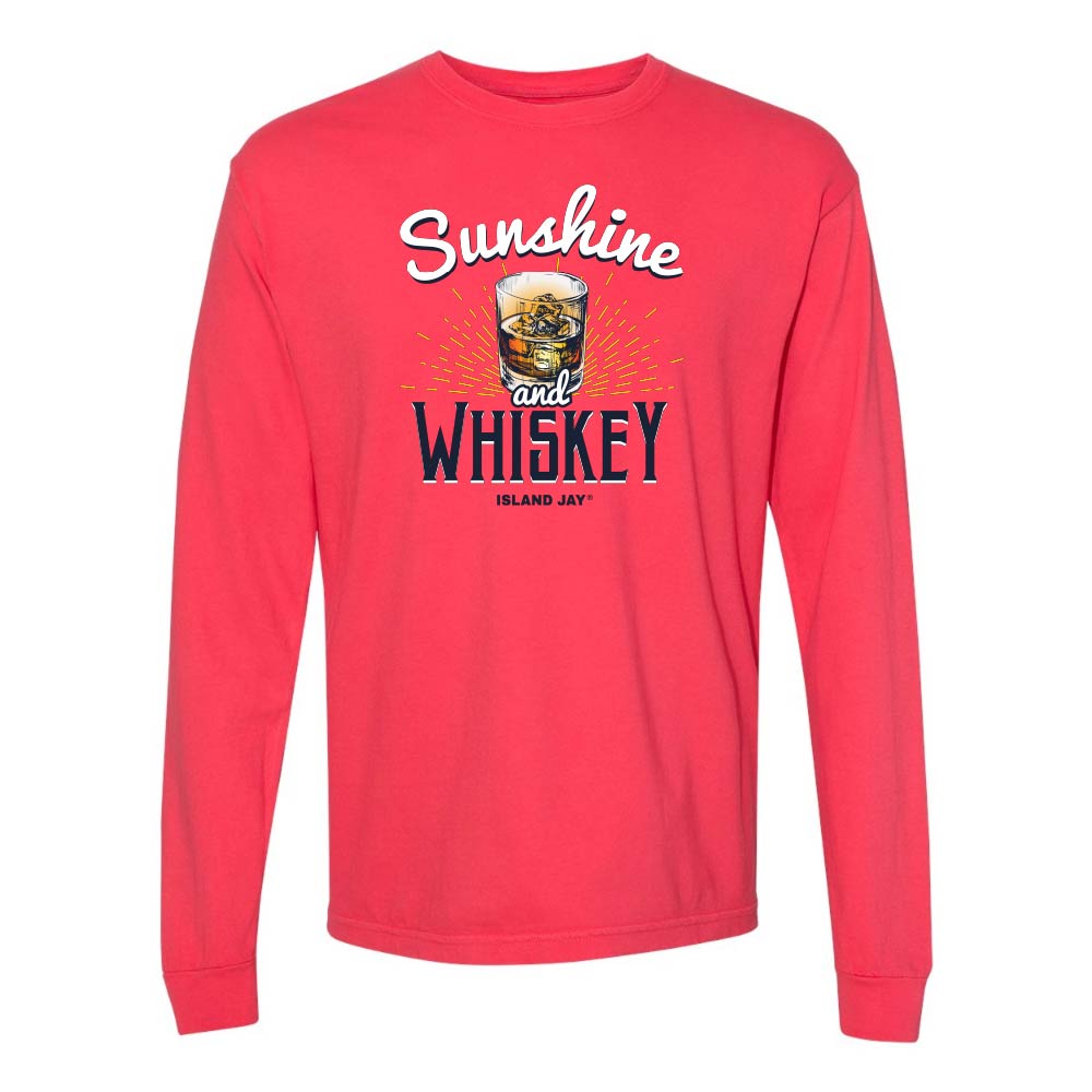 Paprika long sleeve t-shirt with 'Sunshine and Whiskey' graphic and text.