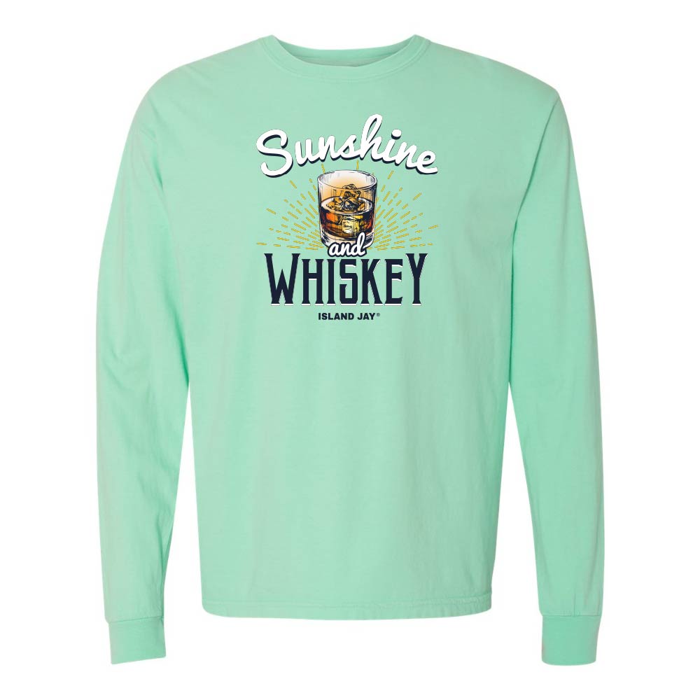 Mint green long sleeve t-shirt with 'Sunshine and Whiskey' graphic and text.
