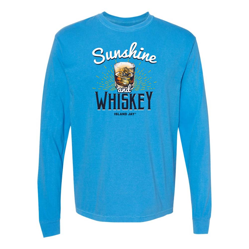 Blue long sleeve t-shirt with 'Sunshine and Whiskey' graphic and text.