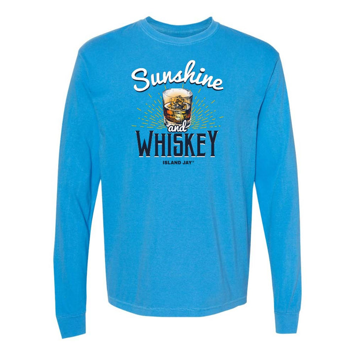 Blue long sleeve t-shirt with 'Sunshine and Whiskey' graphic and text.