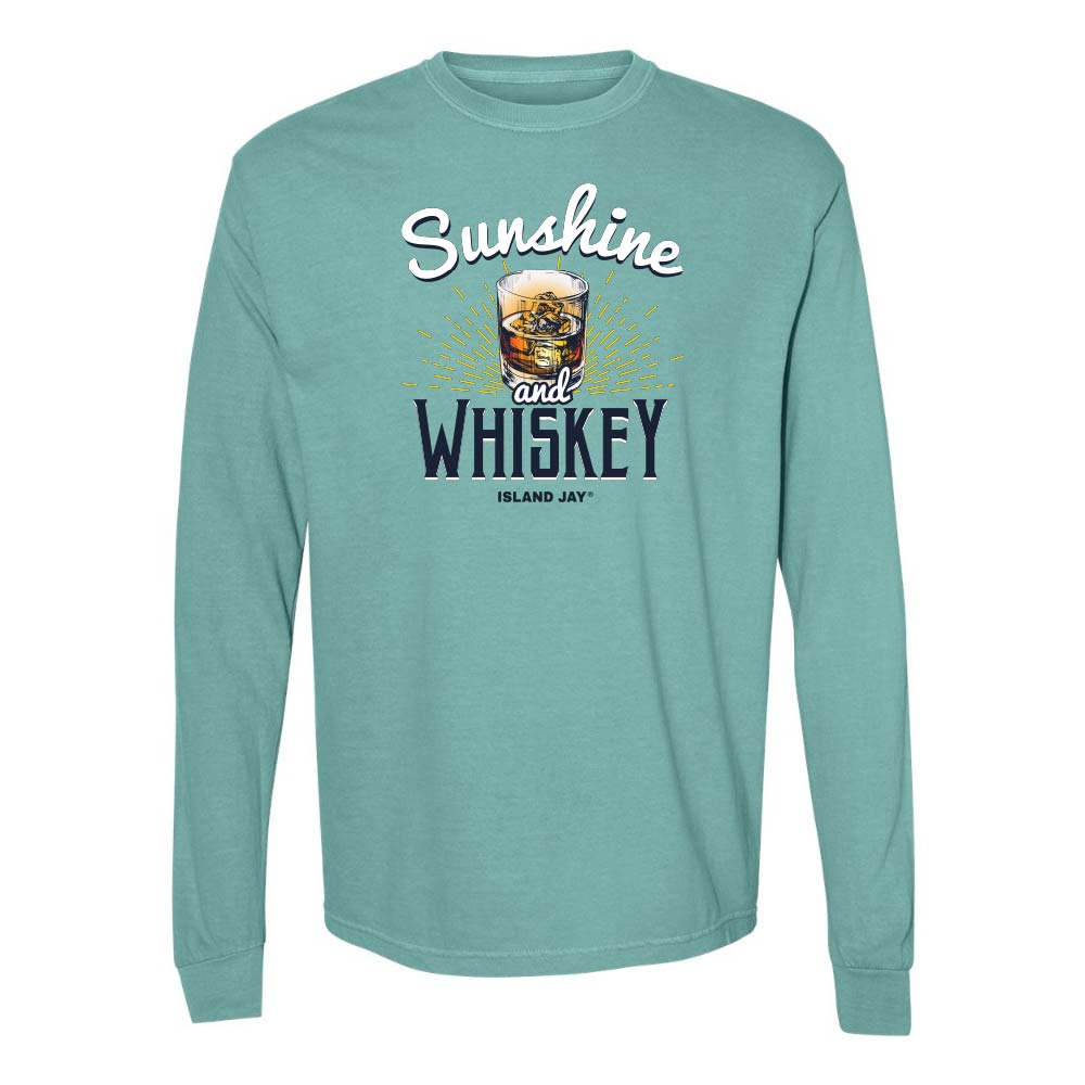 Teal long sleeve t-shirt with 'Sunshine and Whiskey' graphic and text.