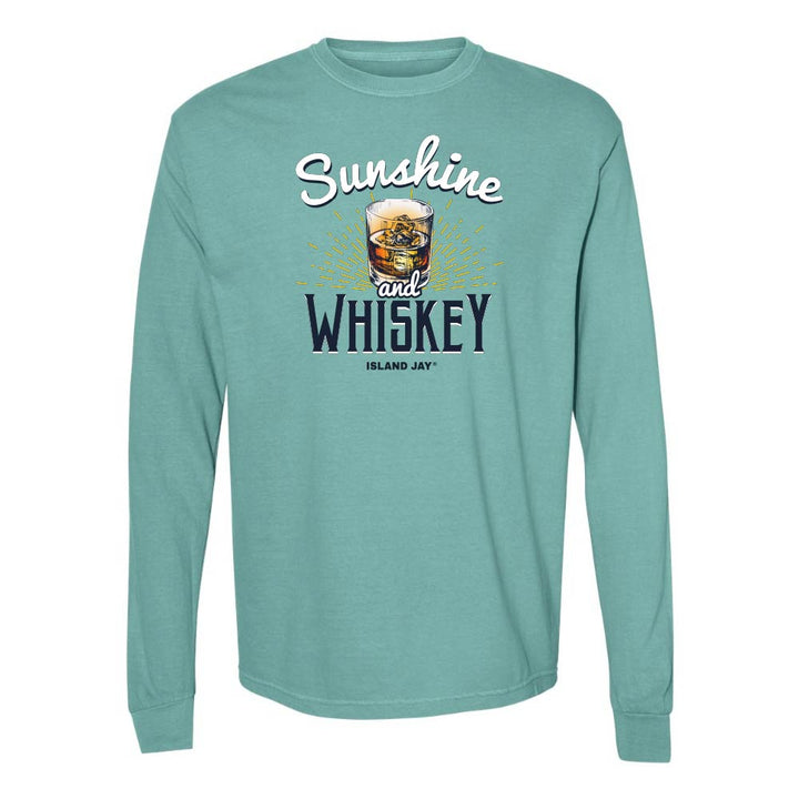 Teal long sleeve t-shirt with 'Sunshine and Whiskey' graphic and text.