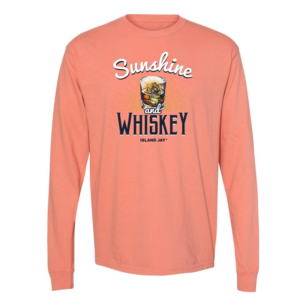 Light orange long sleeve t-shirt with 'Sunshine and Whiskey' graphic and text.