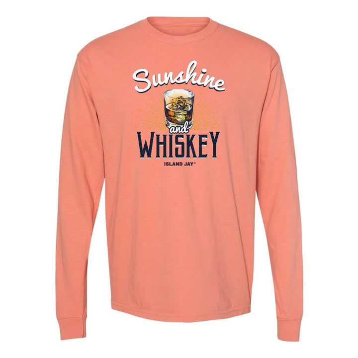 Light orange long sleeve t-shirt with 'Sunshine and Whiskey' graphic and text.