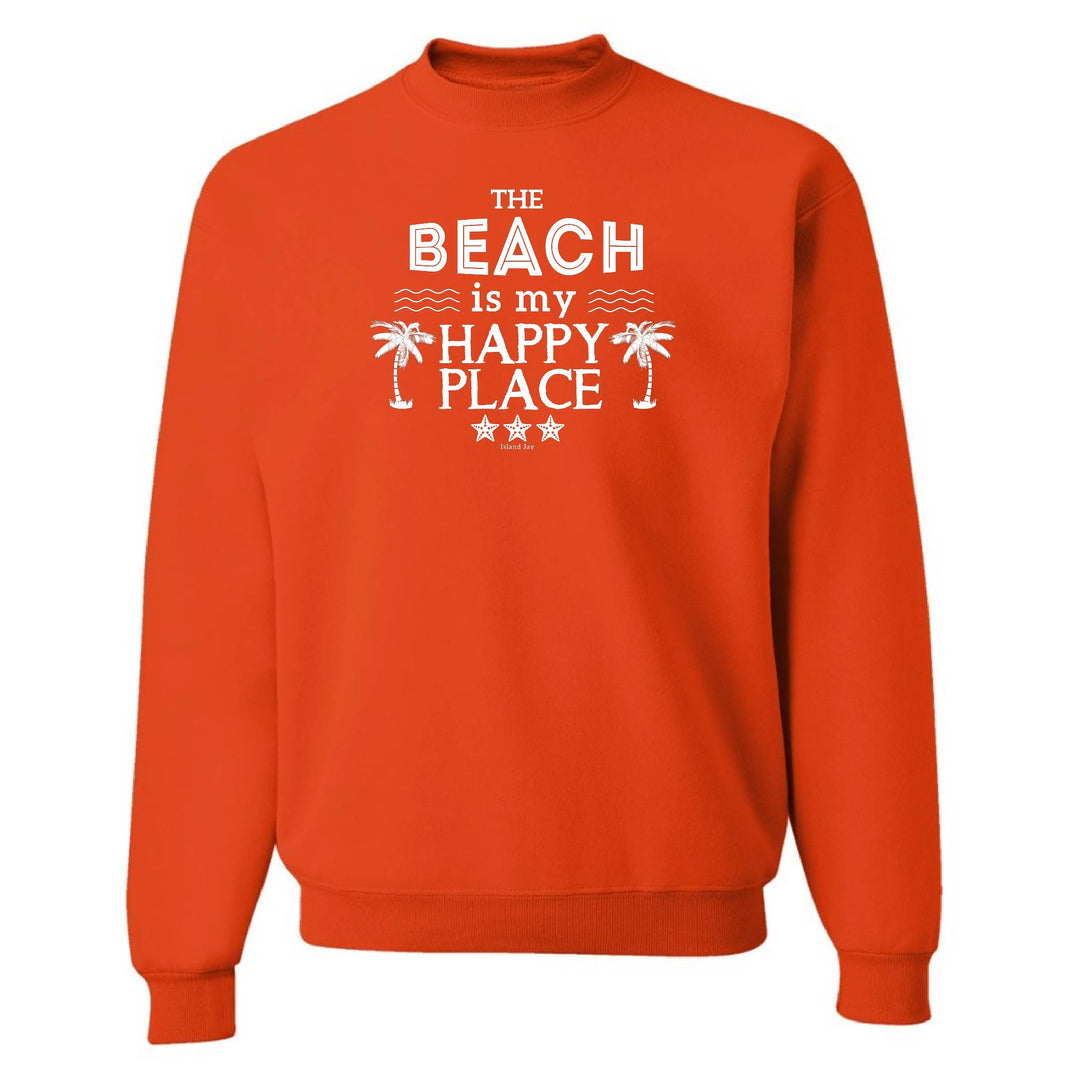 Orange sweatshirt with 'The Beach is my Happy Place' text and palm tree graphics on a white background