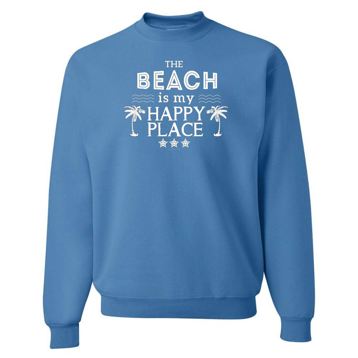 Blue sweatshirt with 'The Beach is my Happy Place' text on a white background