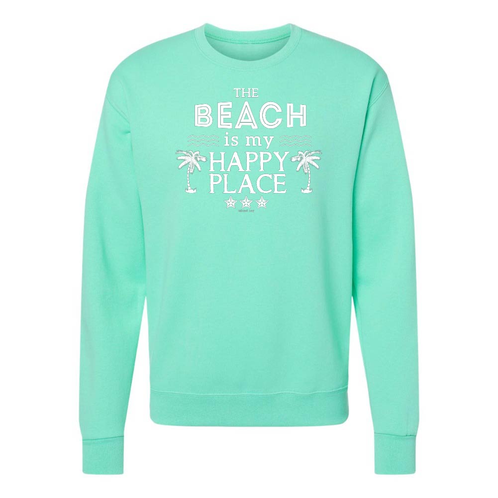 Mint green sweatshirt with 'The Beach is my Happy Place' text on a white background