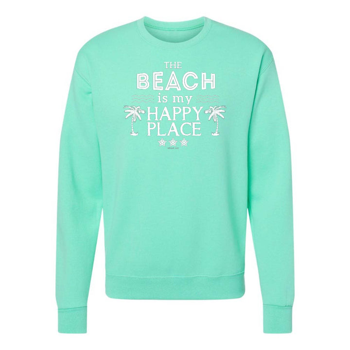 Mint green sweatshirt with 'The Beach is my Happy Place' text on a white background