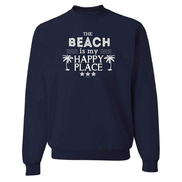 Navy blue sweatshirt with 'The Beach is my Happy Place' text and graphics on a white background