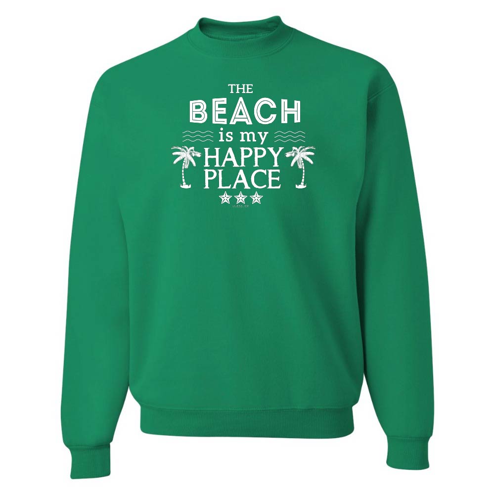Green sweatshirt with 'The Beach is my Happy Place' text on a white background