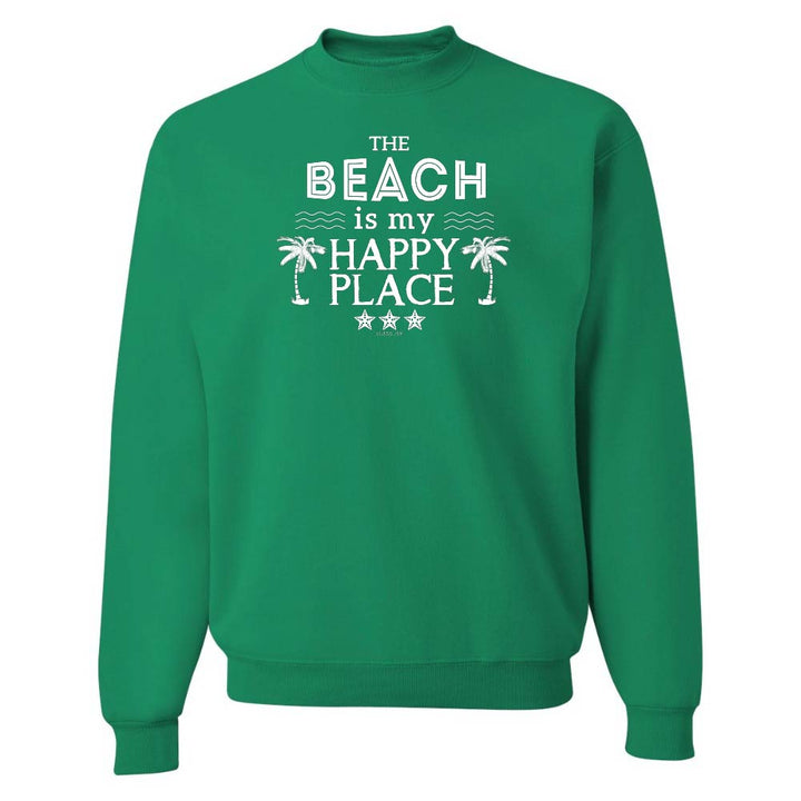 Green sweatshirt with 'The Beach is my Happy Place' text on a white background