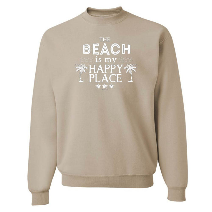 Beige sweatshirt with 'The Beach is my Happy Place' text and palm tree graphics on a white background