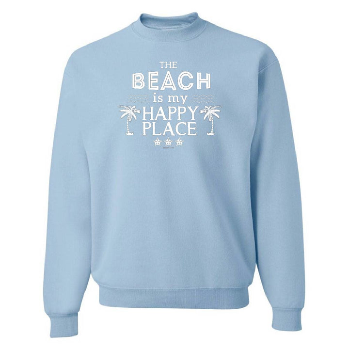 Light blue sweatshirt with 'The Beach is my Happy Place' text and palm tree graphics on a white background