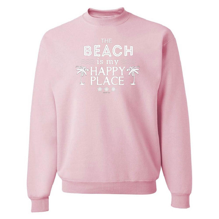 Pink sweatshirt with 'The Beach is my Happy Place' text on a white background