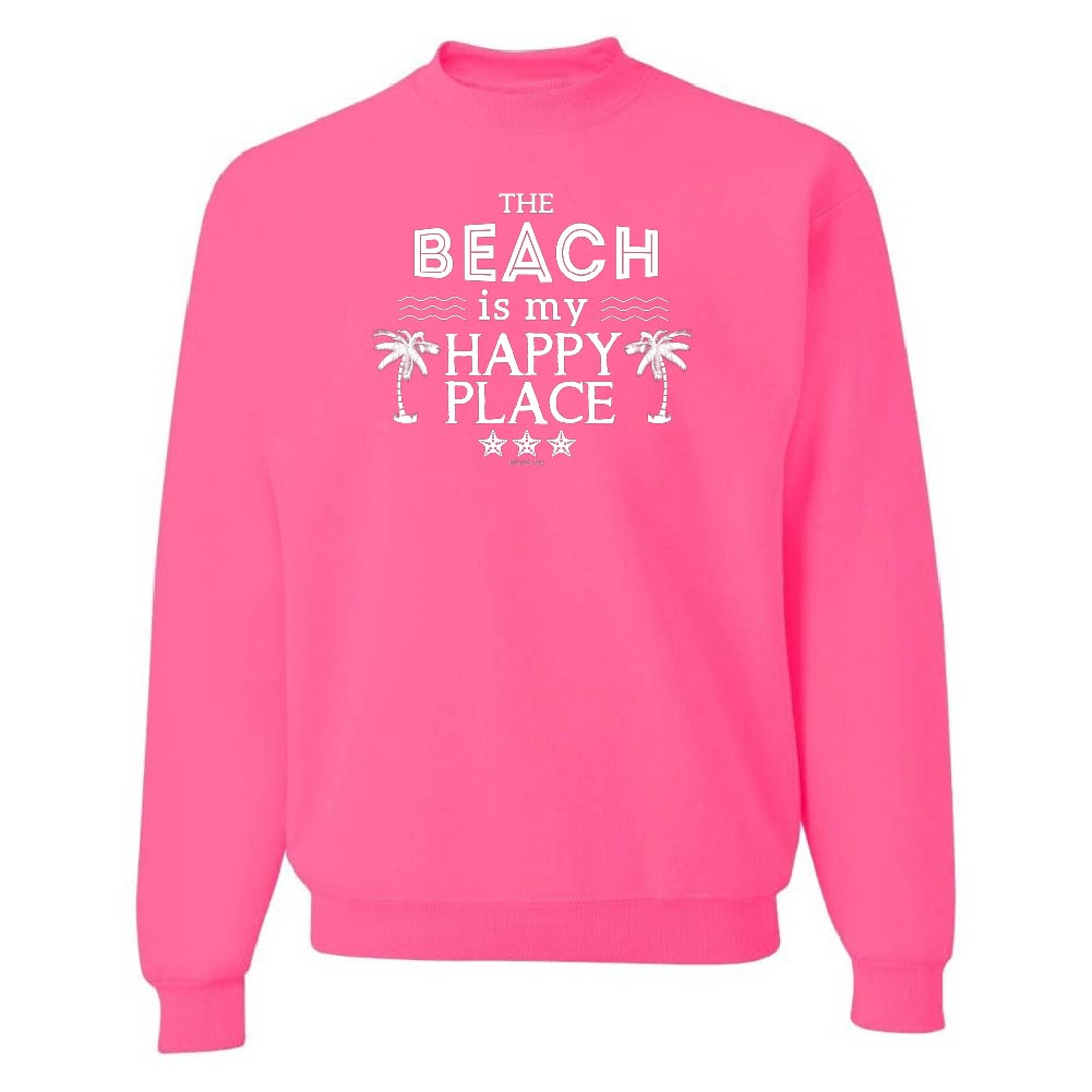 Pink sweatshirt with 'The Beach is my Happy Place' text on a white background