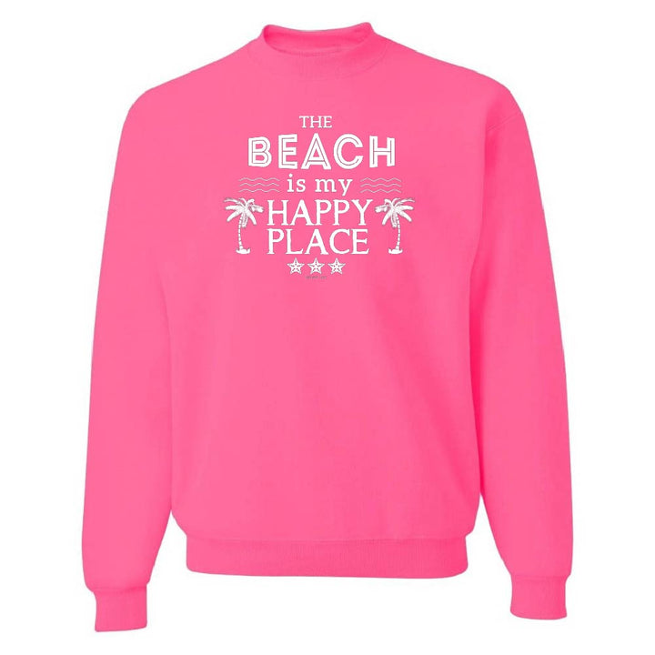 Pink sweatshirt with 'The Beach is my Happy Place' text on a white background