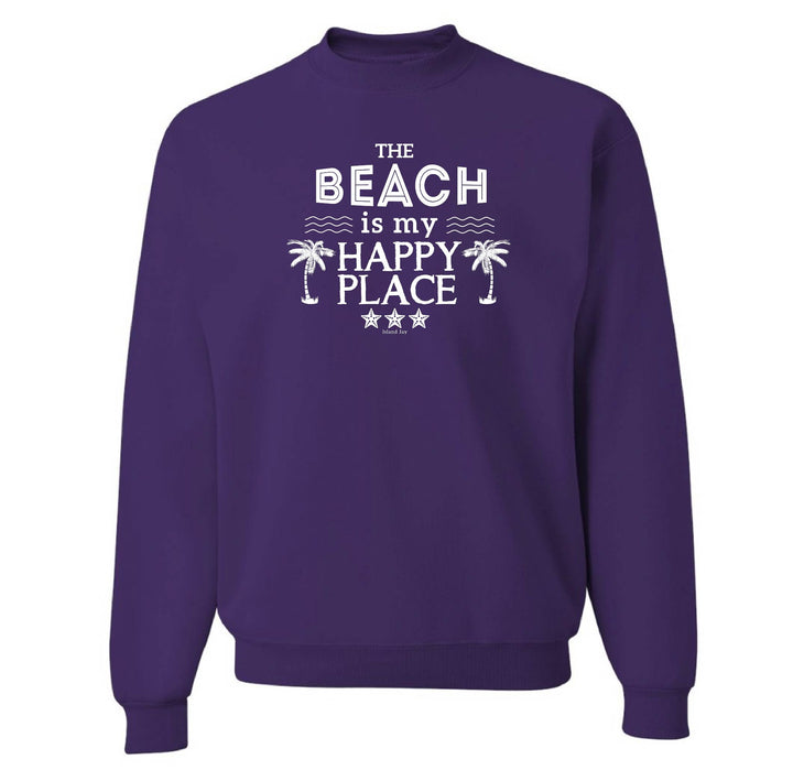 Purple sweatshirt with 'The Beach is my Happy Place' text and graphics on a white background