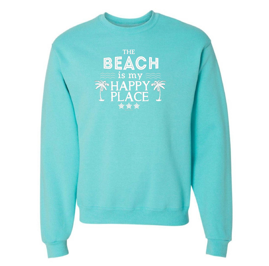 Turquoise sweatshirt with 'The Beach is my Happy Place' text on a white background