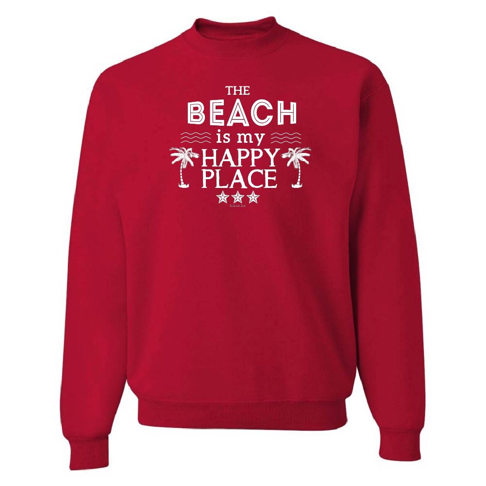 Red sweatshirt with 'The Beach is my Happy Place' text on a white background
