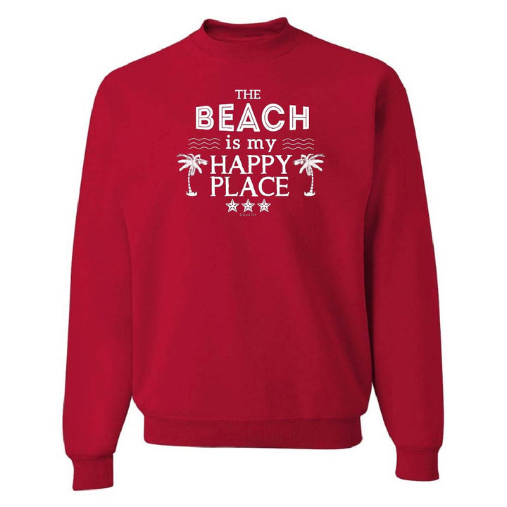 Red sweatshirt with 'The Beach is my Happy Place' text on a white background