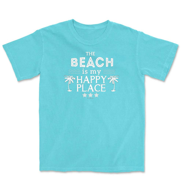 Shirt with the phrase "The Beach is My Happy Place" on it with 2 palm trees